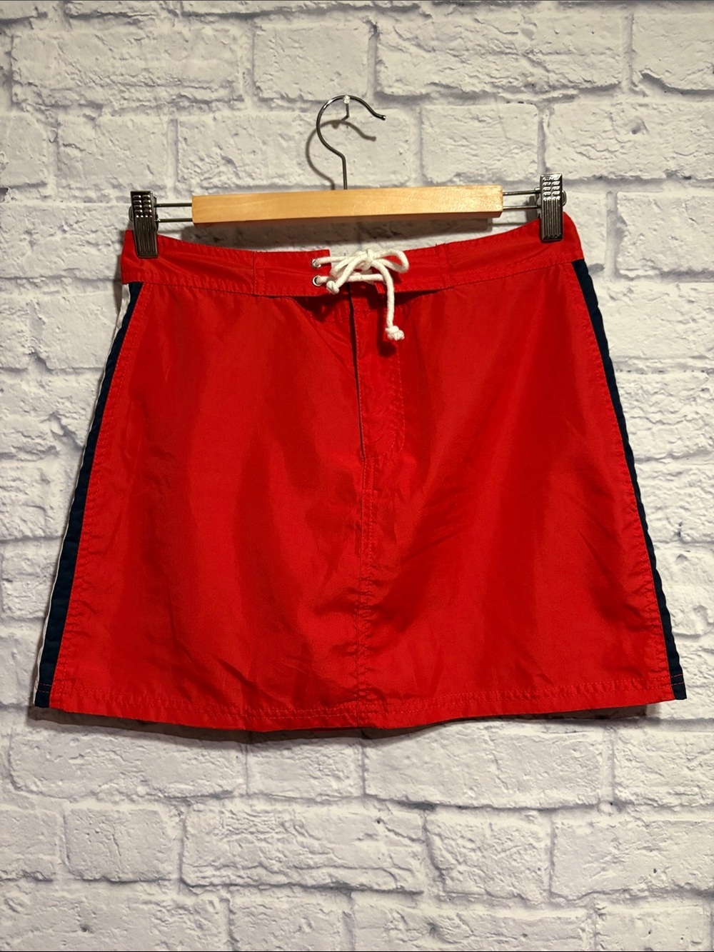 Brash Y2K Red Drawstring Mini Skirt with Navy Side Stripes Small